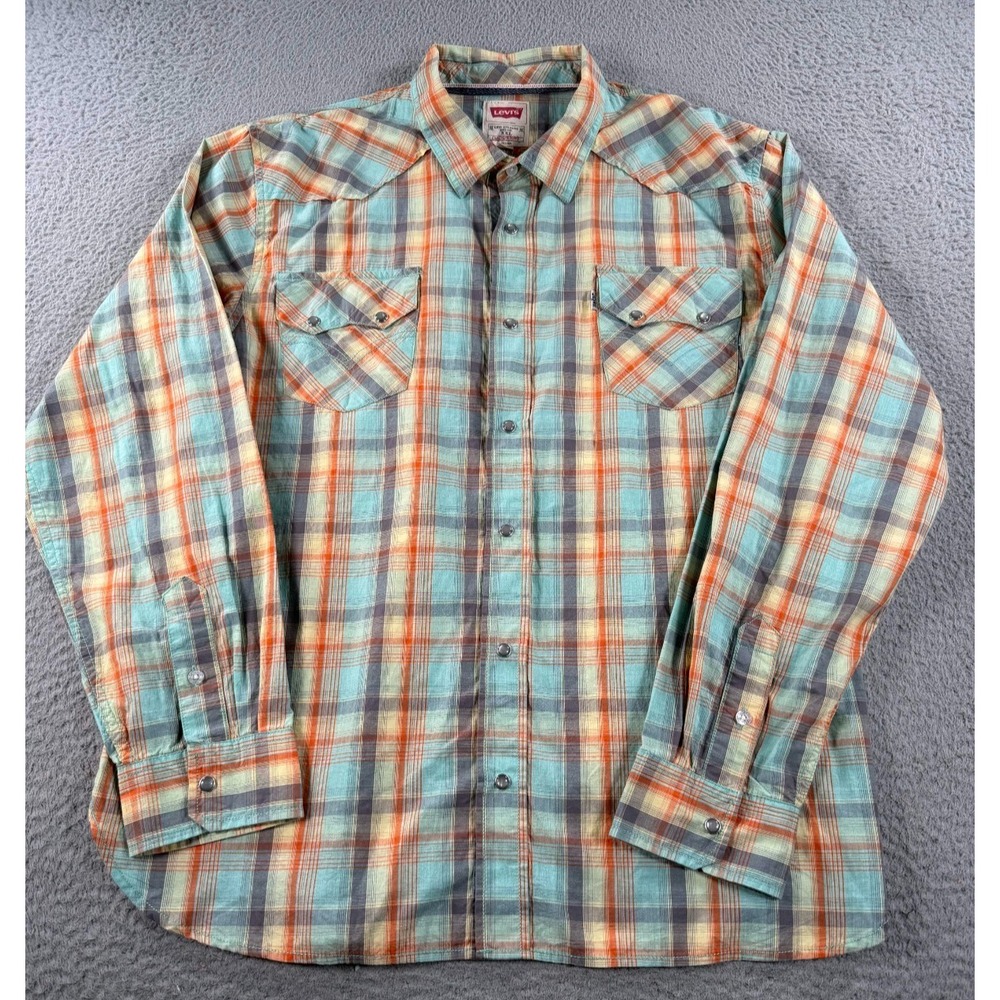 Levi's Shirt Mens 2XL Pearl Snap Sawtooth Pocket Blue Plaid Long Sleeve Western